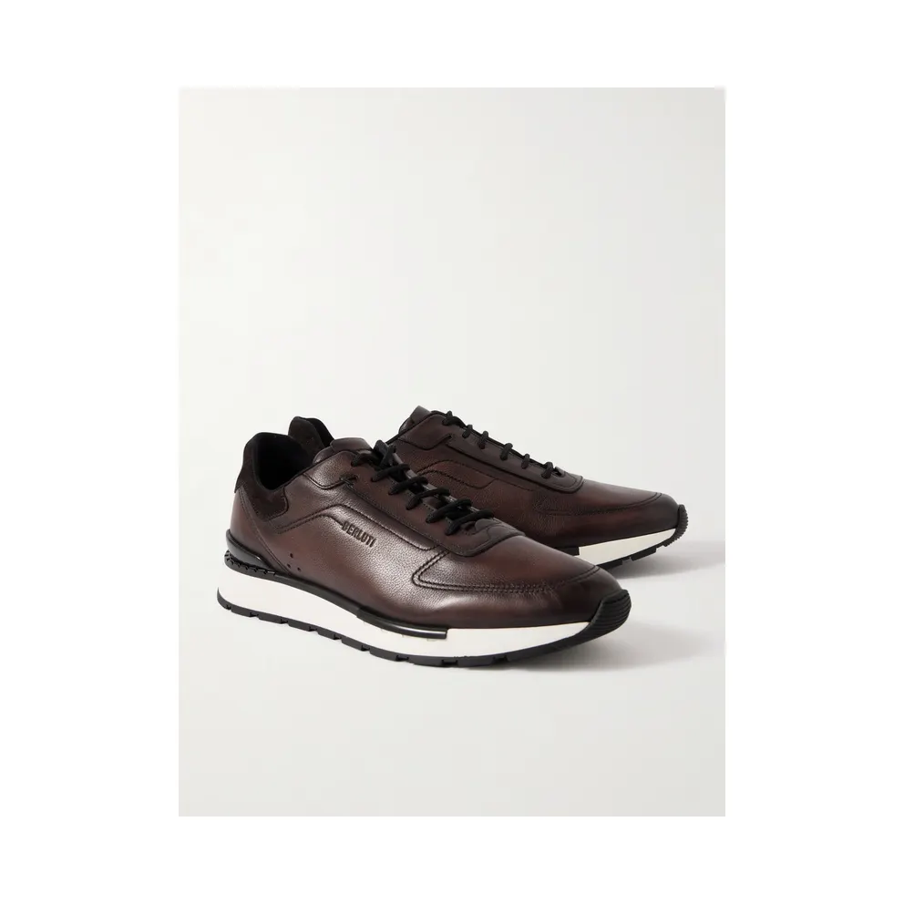 Berluti Fast Track Suede-Trimmed Full-Grain Venezia Softy Leather Brown (S6377-001)