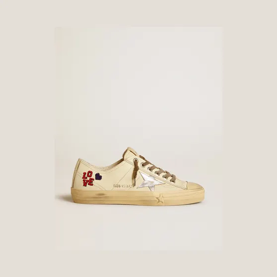 Golden Goose V-Star In Ecru Nappa With Silver Nappa Star And Beaded Embroidery (GWF00129.F006650.11548)