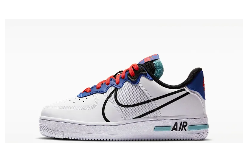 Nike Air Force 1 React (GS) “White / Astronomy Blue / Laser Crimson / Black” (CD6960-101)