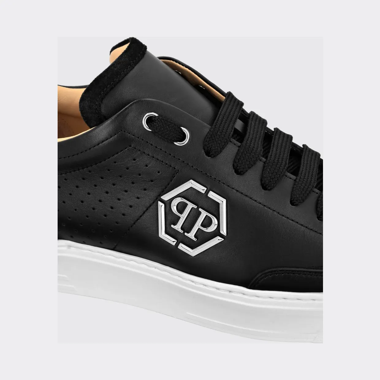 Philipp plein Leather Low-Top Sneakers with Monogram Pattern and Applied Hexagon Logo Black (SADSUSC0538PLE022N02) (2)
