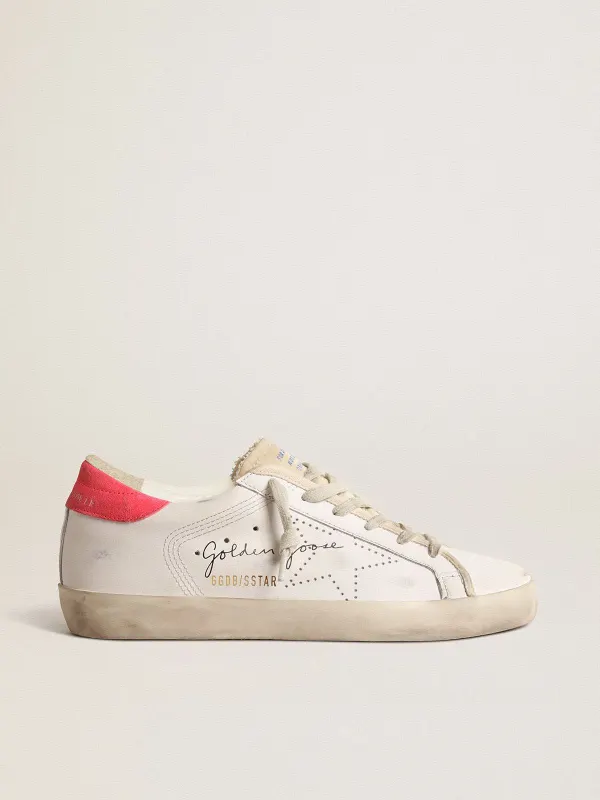 Golden Goose White Leather Super-Star With Perforated Star And Fuchsia Nylon Heel Tab (GWF00105.F004684.11495)