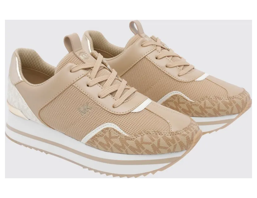 Michael Kors Raina Platform Sneakers in Monogram Canvas and Mesh with Platform Sole Beige (43T6RNFS1D156)