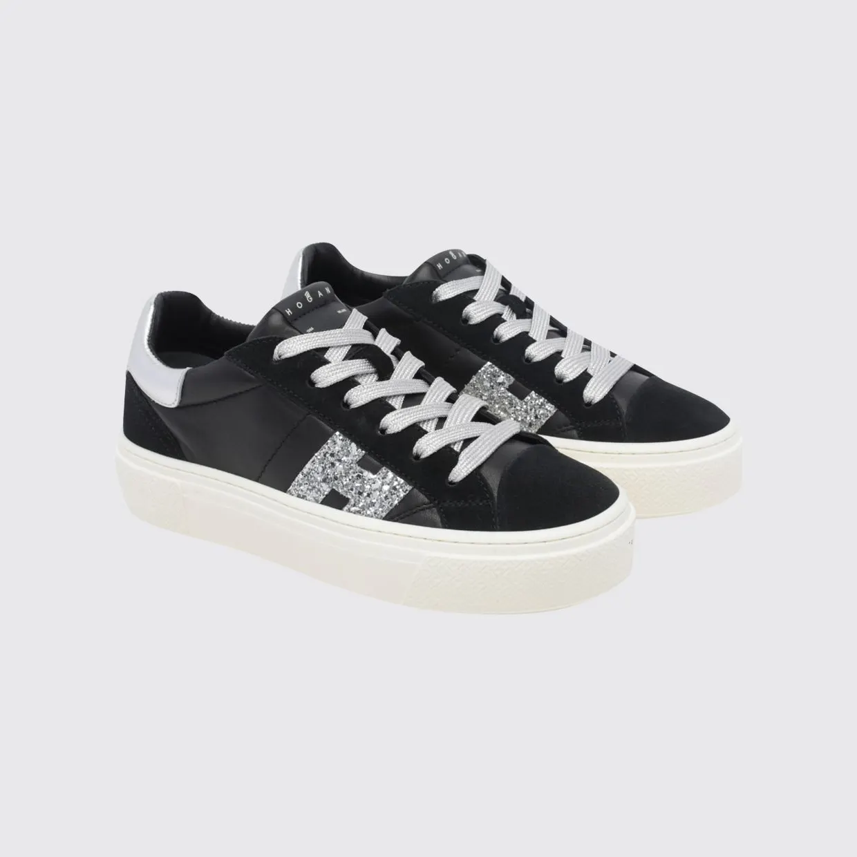 Hogan Crosswind Nappa and Suede Leather Sneakers with Glitter Logo and Platform Sole Black (HXW7050GB00VI10353)