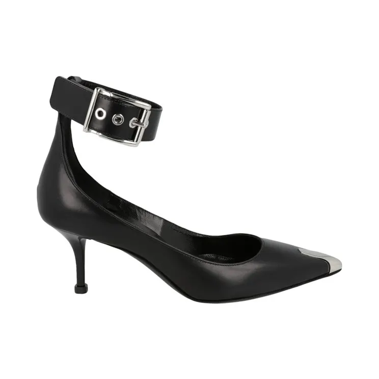 Alexander McQueen Buckle Leather Heels Black Silver (709995 WHSWD 1081)