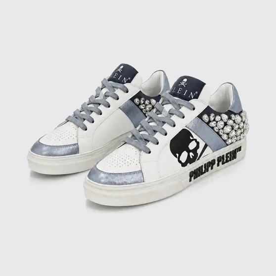 Philipp plein Skull Print Leather Low-Top Sneakers with Crystals Blue (AAFSWSC2808PLE005N0714)