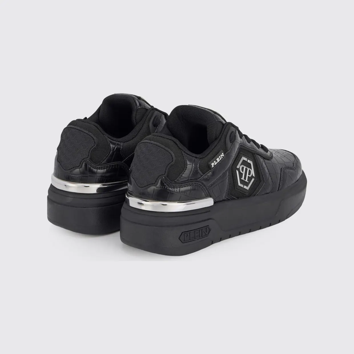 Philipp plein SK8R Low-Top Sneakers in Leather and Mesh with Croc Print and Hexagon Logo Black (PAFSUSC0962PTE003N0202) (2)