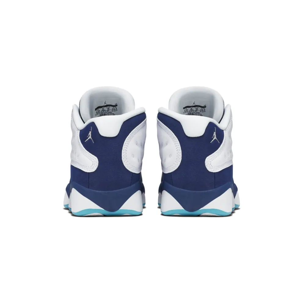 Jordan 13 Retro Low Hornets (GS) White/Metallic Silver-Midnight Navy-Turquoise Blue (310811-107)