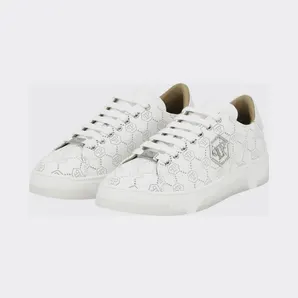 Philipp plein Low-Top Leather Sneakers with Rhinestone Hexagon Logo White (PAESUSC0770PLE010N01)