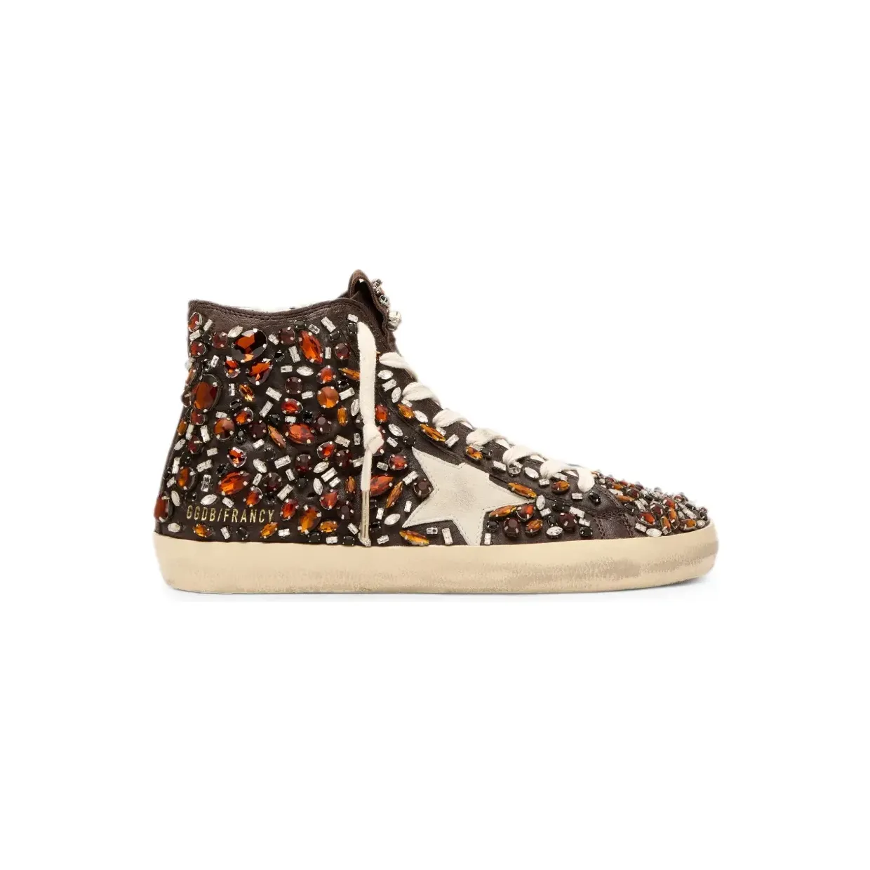 Golden Goose Francy aus dunkelbraunem Leder mit mehrfarbigen Strasssteinen und weißem Wildlederstern (GWF00113F007863)