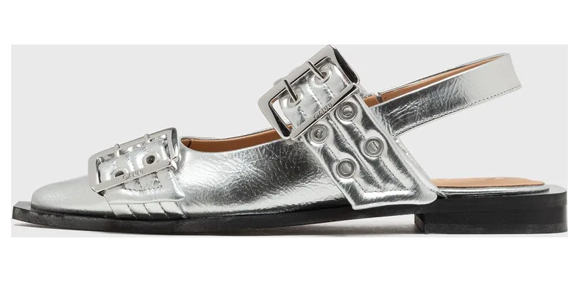 Ganni Feminine Buckle Ballerina Metallic Silver