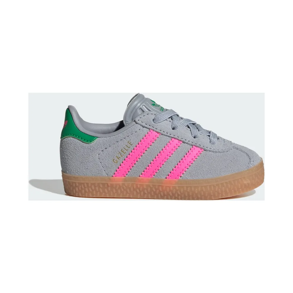 Adidas Gazelle Comfort Closure Elastic Laces Shoes Kids Halo Silver / Lucid Pink / Green (IH6477)
