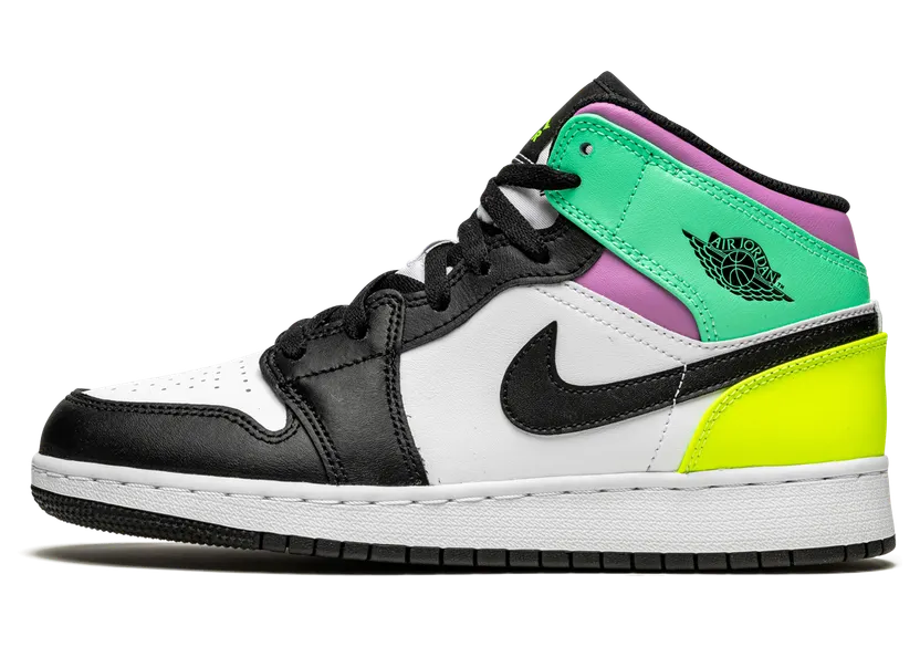 Air Jordan 1 Mid Pastel Black Toe (GS) (2021) – “White / Black-volt-green Glow” (554725-175)