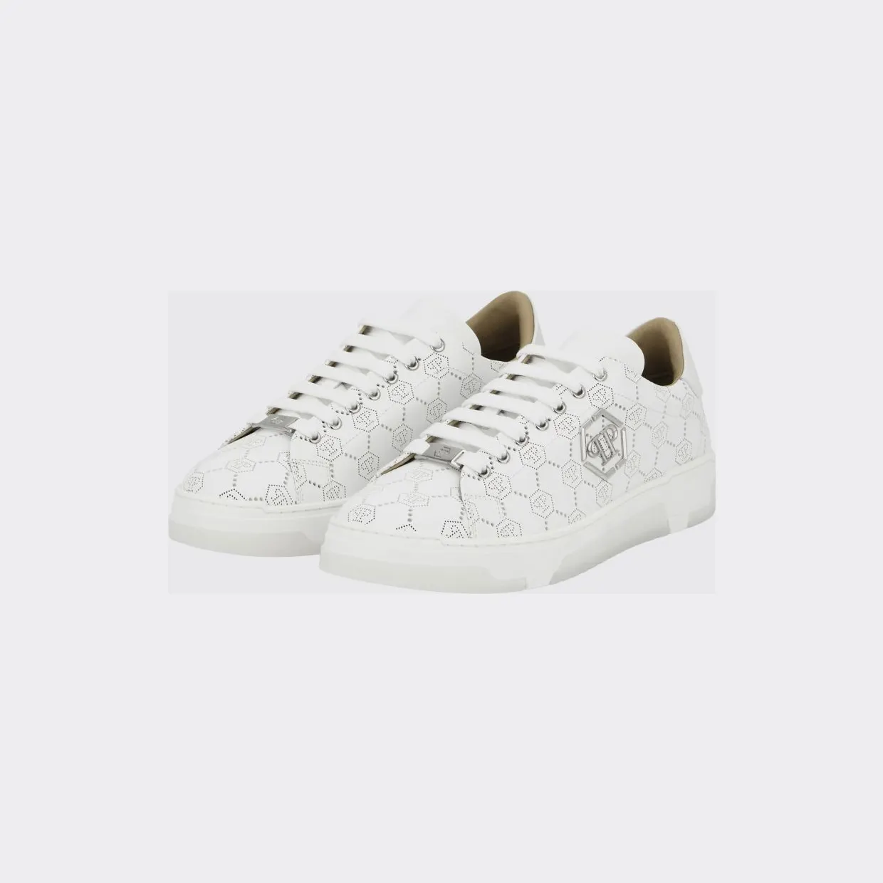 Philipp plein Low-Top Leather Sneakers with Rhinestone Hexagon Logo White (PAESUSC0770PLE010N01)