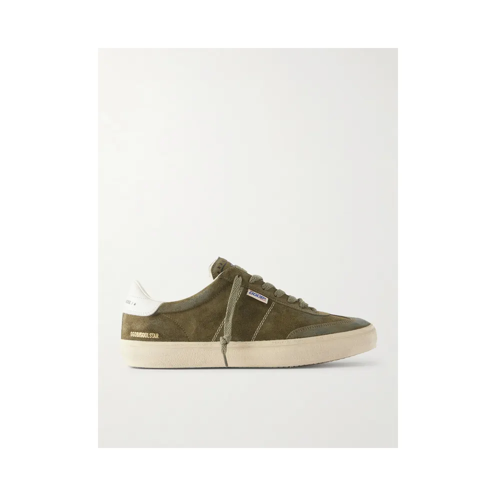 Golden Goose Soul Star Leather-Trimmed Distressed Suede Sneakers Army green (GMF00464.F008346)