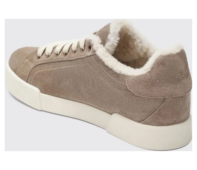 Dolce & Gabbana Low-Top Sneakers in Shearling and Suede with DG Monogram Mud (CK2374AJ2228W065)