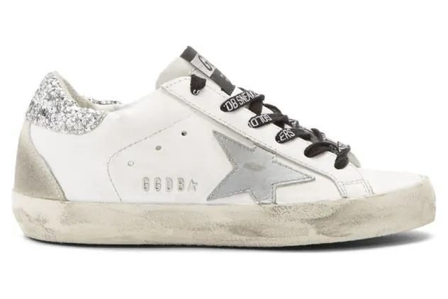 Golden Goose White and Silver Glitter Tab Superstar Sneakers (G35WS590.R55)