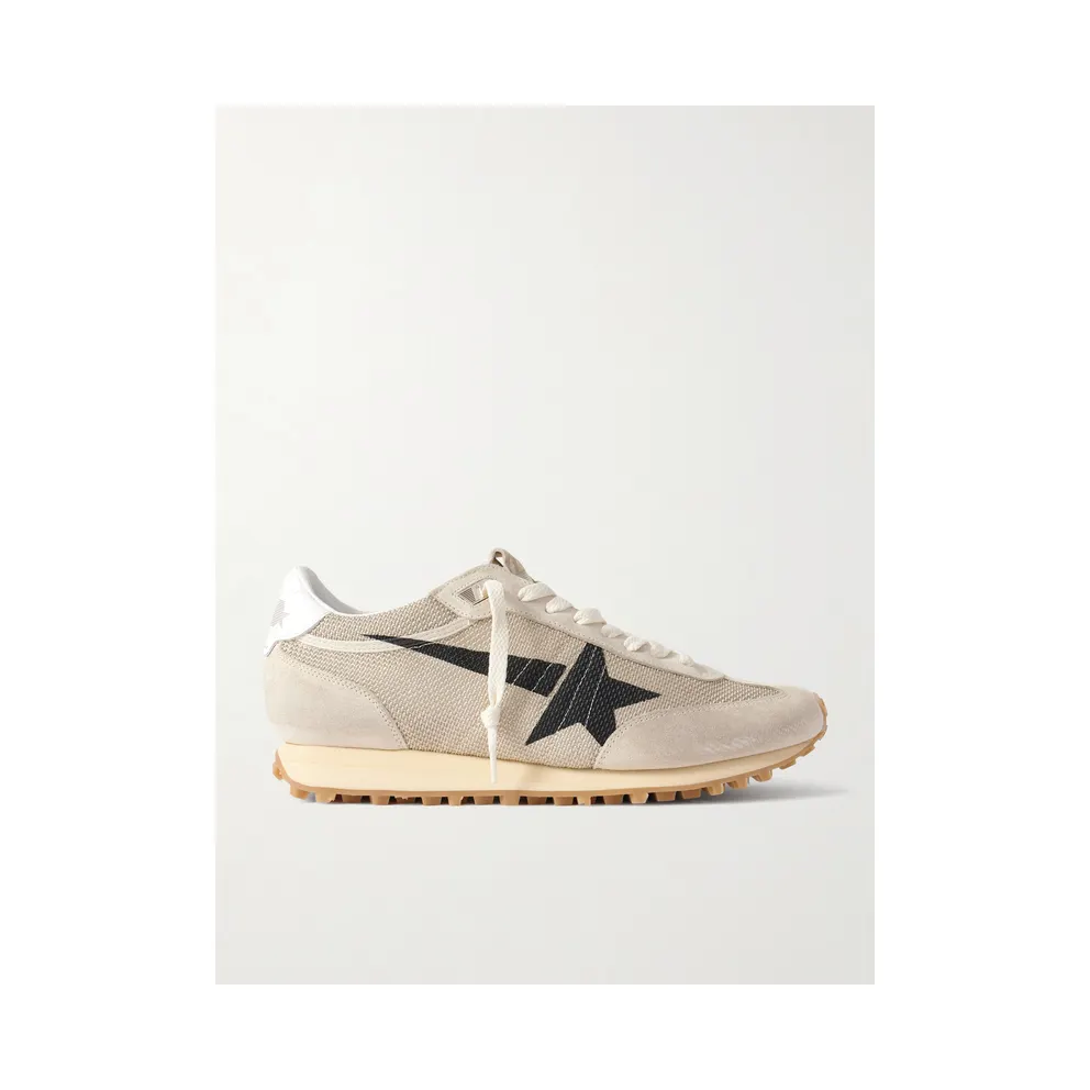 Golden Goose Marathon Distressed Suede-Trimmed Printed Mesh Sneakers Beige (GMF00683.F007840)