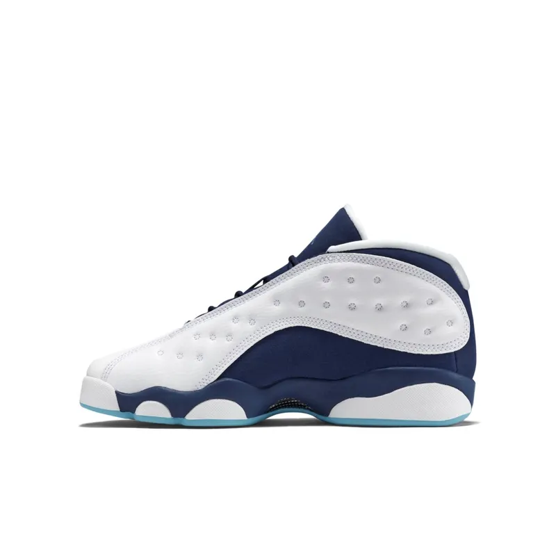 Jordan 13 Retro Low Hornets (GS) White/Metallic Silver-Midnight Navy-Turquoise Blue (310811-107)