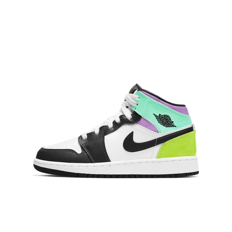 Air Jordan 1 Mid Pastel Black Toe (GS) (2021) – “White / Black-volt-green Glow” (554725-175)