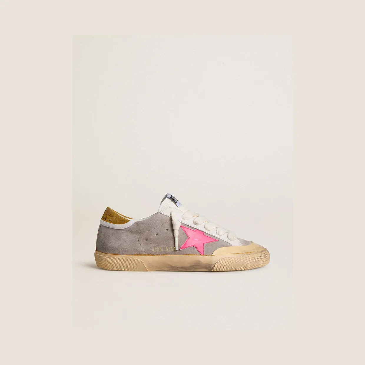 Golden Goose Super-Star In Dove-Gray Suede With Fuchsia Leather Star And Ocher Suede Heel Tab (GWF01026.F007997.83237)