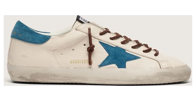 Golden Goose Super-Star In White Leather With Turquoise Suede Star (GMF00101.F008604.12501)