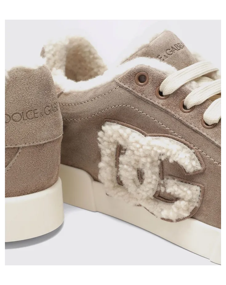 Dolce & Gabbana Low-Top Sneakers in Shearling and Suede with DG Monogram Mud (CK2374AJ2228W065) (2)