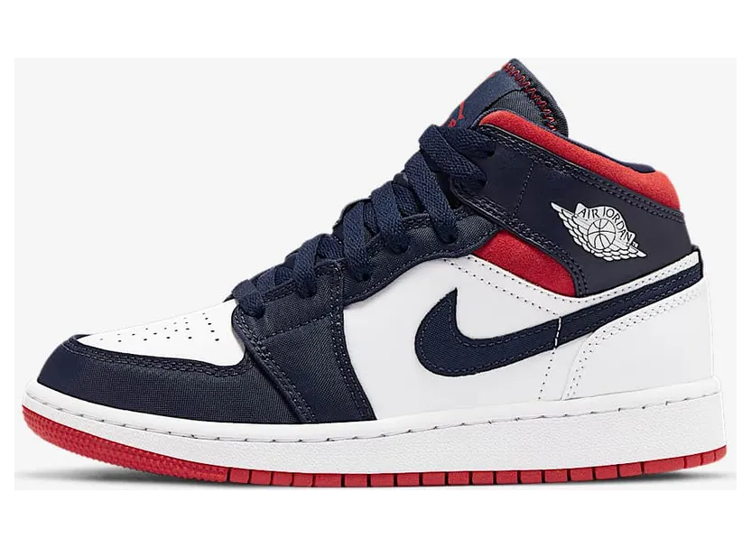 Jordan 1 Mid SE USA (GS) “White / Midnight Navy / Metallic Gold / University Red” (BQ6931-104)