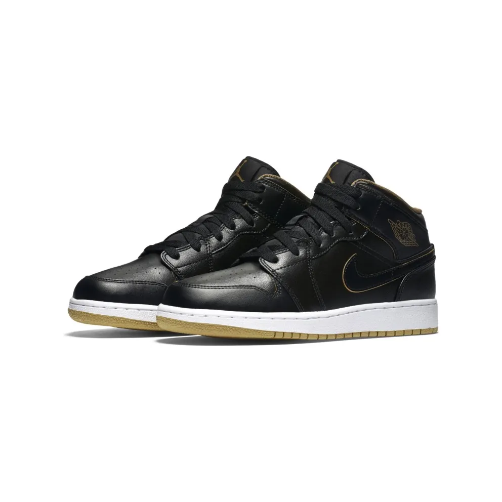 Jordan 1 Mid Black Metallic Gold (GS) Black/Black-Metallic Gold-White (554725-042)