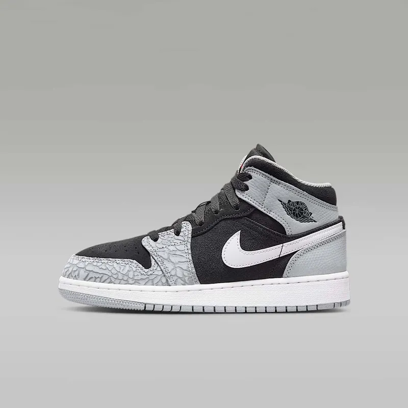Air Jordan 1 Mid Elephant Print (GS) “Black / White / Light Smoke Grey / University Red” (DM6216-016)