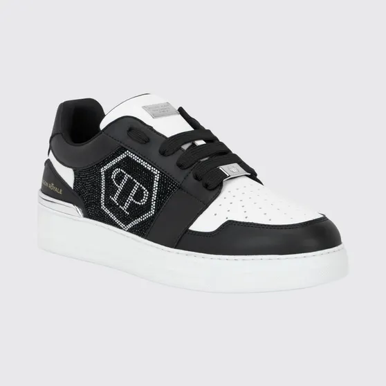 Philipp plein Hexagon Royale Leather Sneakers with Rhinestone Hexagon Logo White (UAFSUSC1086PLE022N0201)