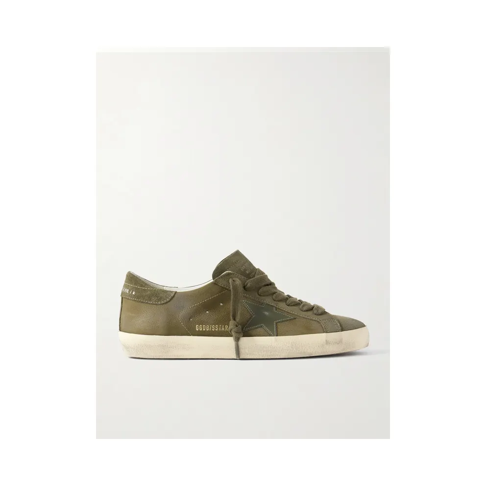Golden Goose Super-Star Distressed Suede-Trimmed Full-Grain Leather Army green (GMF00101.F008156)