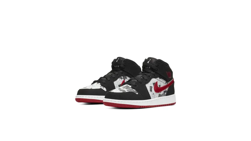 Jordan 1 Mid Newspaper Air Times (GS) Black/Gym Red-White (BQ6931-061)