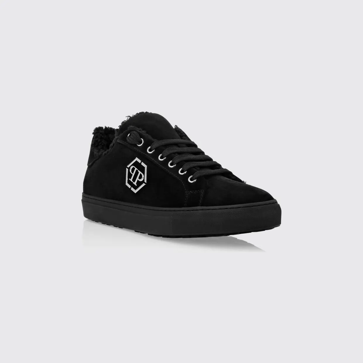 Philipp plein Low-Top Leather and Suede Sneakers with Hexagon Logo and Shearling Lining Black (AACSMSC3873PFU020N02)