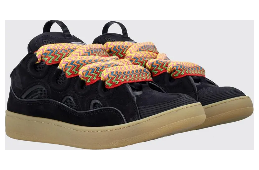 Lanvin Curb Low-Top Sneakers in Leather and Mesh with Oversized Laces Black (FUSKDK12DRA310)
