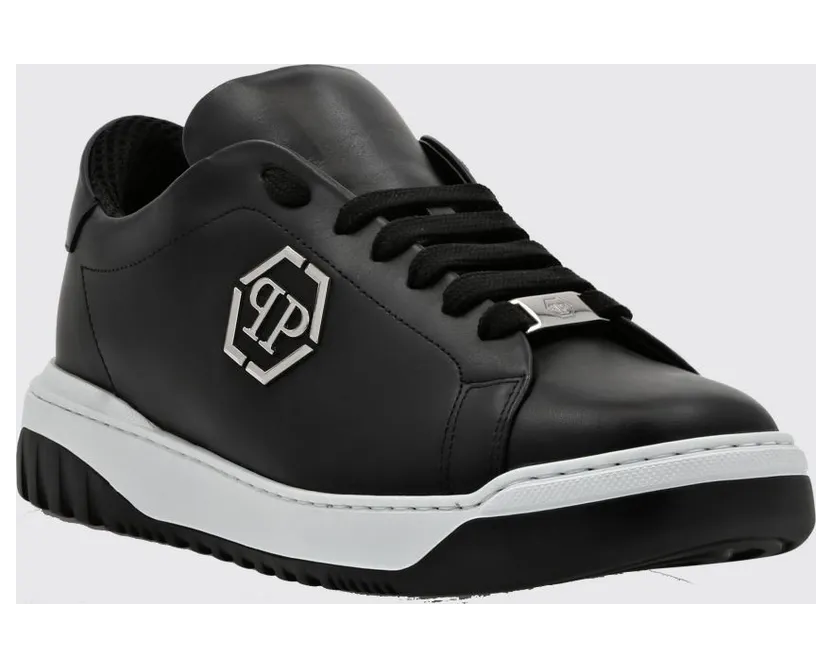 Philipp plein Low-Top Smooth Leather Sneakers with Hexagon Logo and Monogram Black (PADSMSC3958PLE005N02)