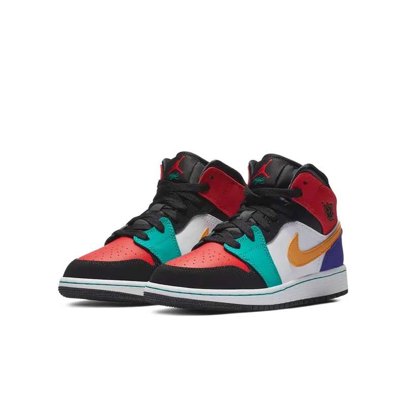 Jordan 1 Mid Bred Multi-Color (GS) White/University Red-Black-Turbo Green (554725-125)
