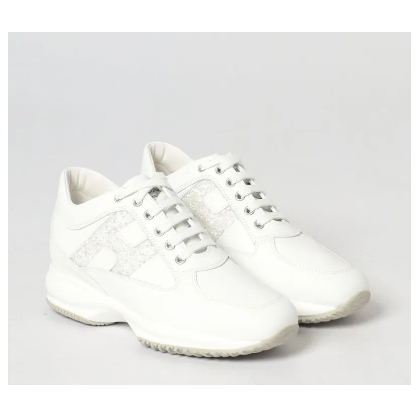 Hogan Interactive Leather Sneakers with Glitter Yellow Cream (HXW00N0S360UWP0CAS)