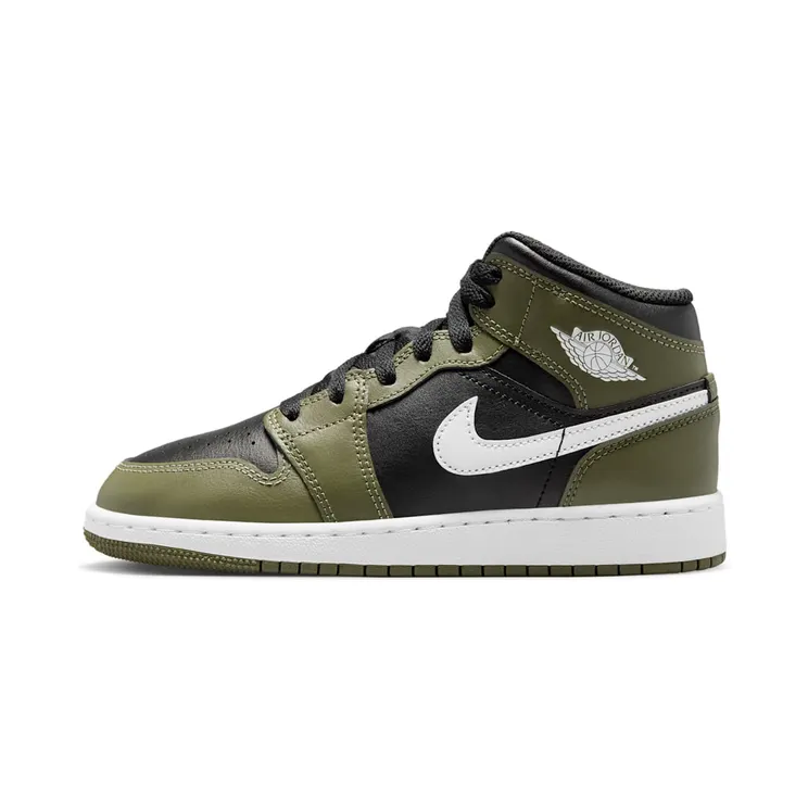 Jordan 1 Mid GS “Black / Medium Olive / White” (DQ8423-092)