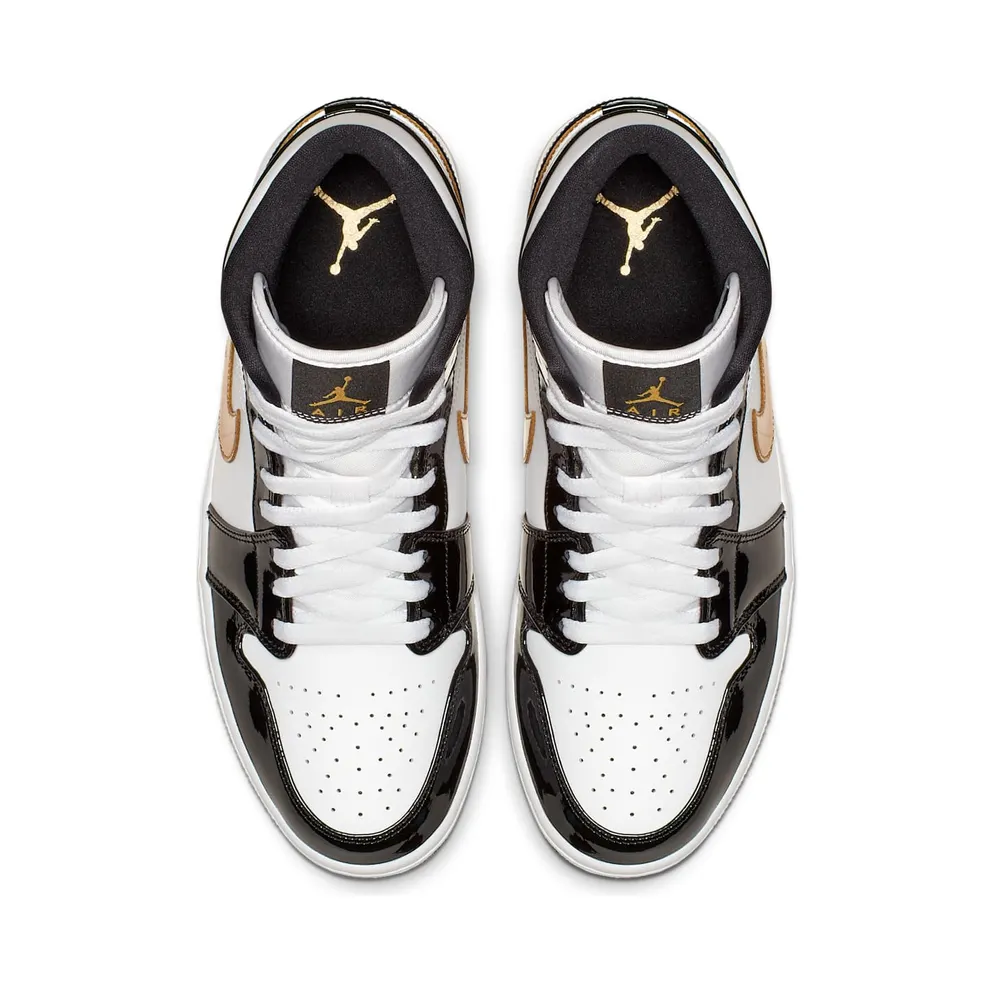 Air Jordan Nike AJ I 1 Mid Patent Black White Gold (852542-007)