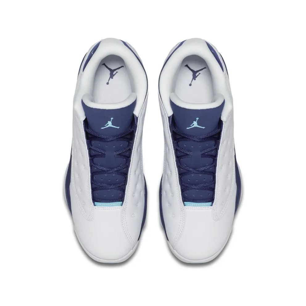 Jordan 13 Retro Low Hornets (GS) White/Metallic Silver-Midnight Navy-Turquoise Blue (310811-107)