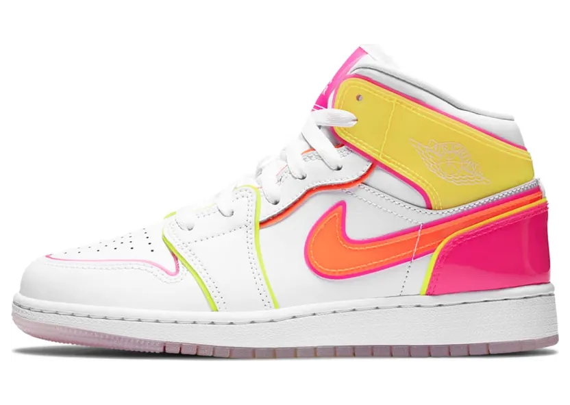 Air Jordan 1 Mid GS Edge Glow “White / Pink Blast / Lemon Venom / Hyper Crimson” (CV4611-100)