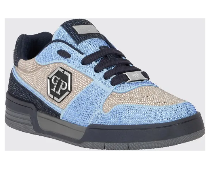 Philipp plein P-Force Leather Sneakers with Monogram and Crystals Blue (UAFSUSC1089PLE010N1407)