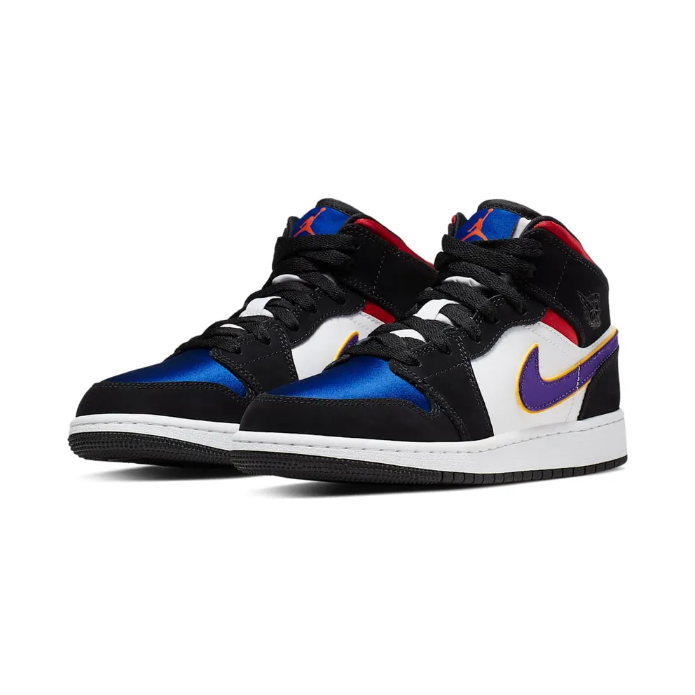 Jordan 1 Mid Lakers Top 3 (GS) Black/Field Purple-White-Gym Red-Rush Blue-Amarillo (BQ6931-005)