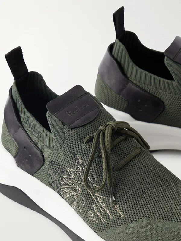 Berluti Shadow Logo-Embroidered Leather-Trimmed Stretch-Knit Army green (S6610-009)