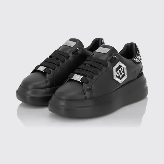 Philipp plein Leather Chunky Sneakers with Hexagon Logo and Rhinestones Black (FAFSWSC2812PLE022N0202)