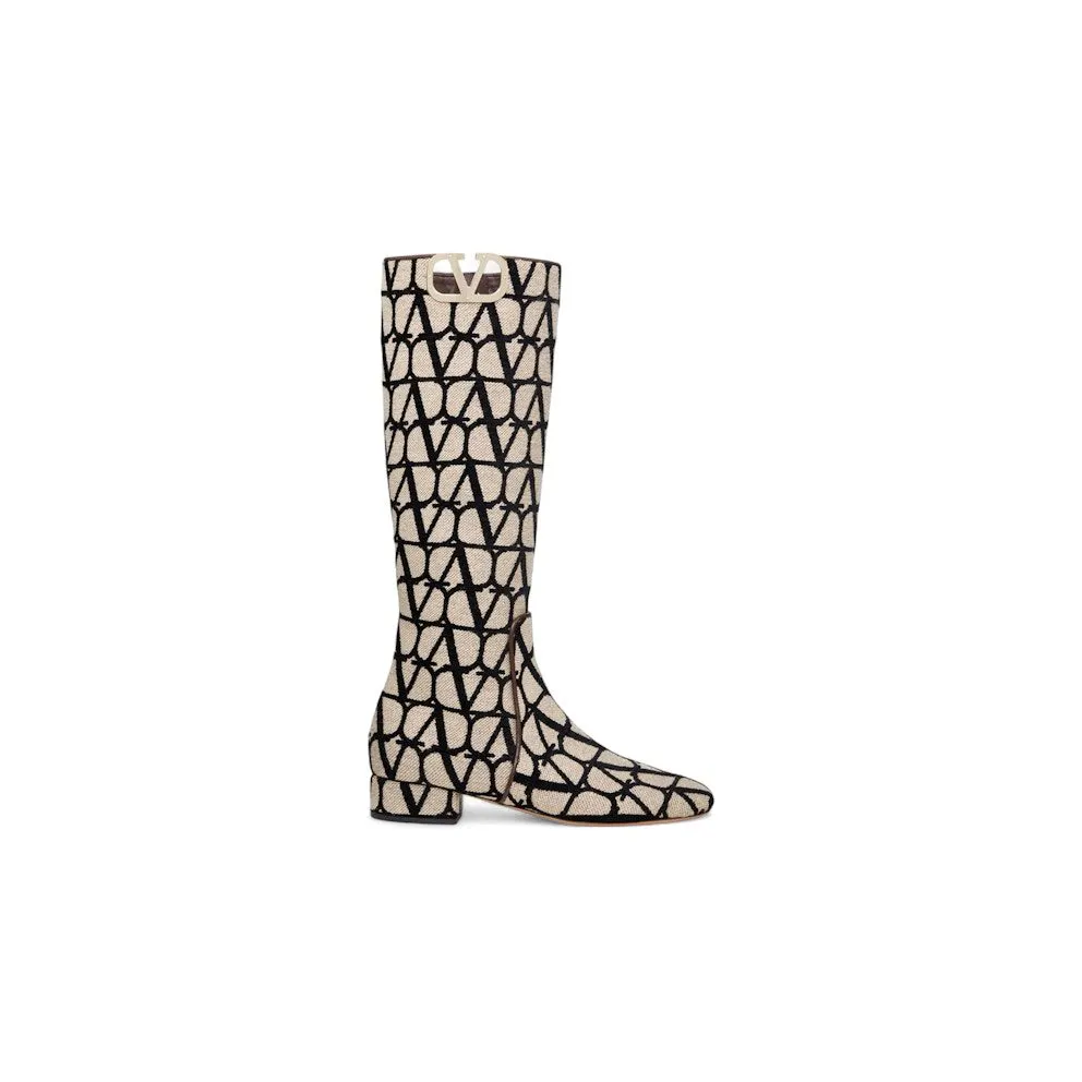 Valentino V’Logo Type Toile Iconographe Boots Beige Black (2W2S0FT9EBH6ZN)