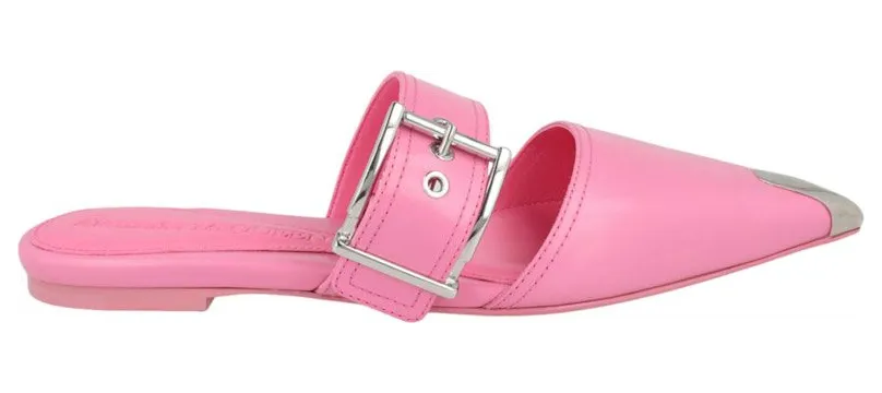 Alexander McQueen Buckle Leather Mules Sugar Pink Silver (733188 WHSWD 5482)