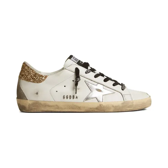 Golden Goose Super-Star aus weißem Leder mit glitzerndem Absatz (GWF00102F001460)