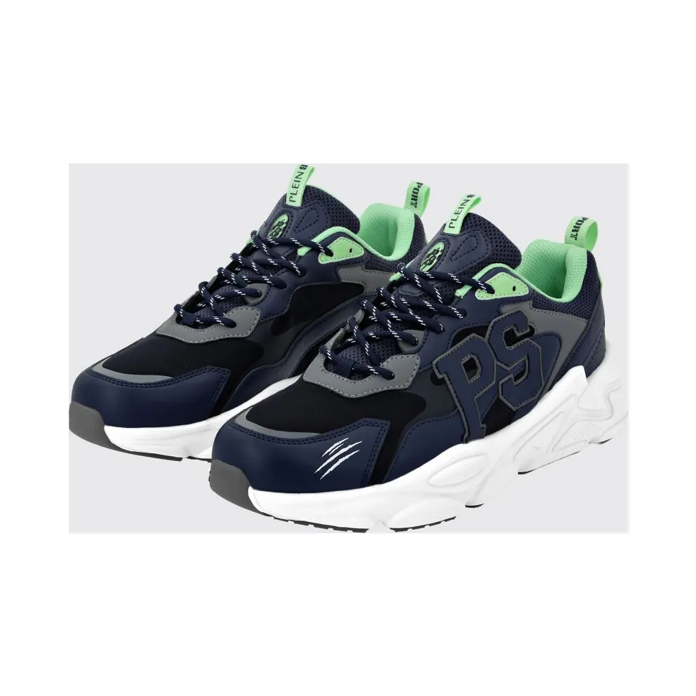 Plein Sport Low-Top in Leather and Mesh with Contrast Monogram Blue (SADSUSC0611STE003N7214)