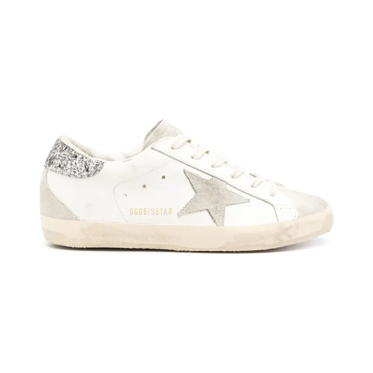 Golden Goose Super-Star mit grauem Stern und silberfarbenem Glitter-Absatz “White” (GWF00102F004712)